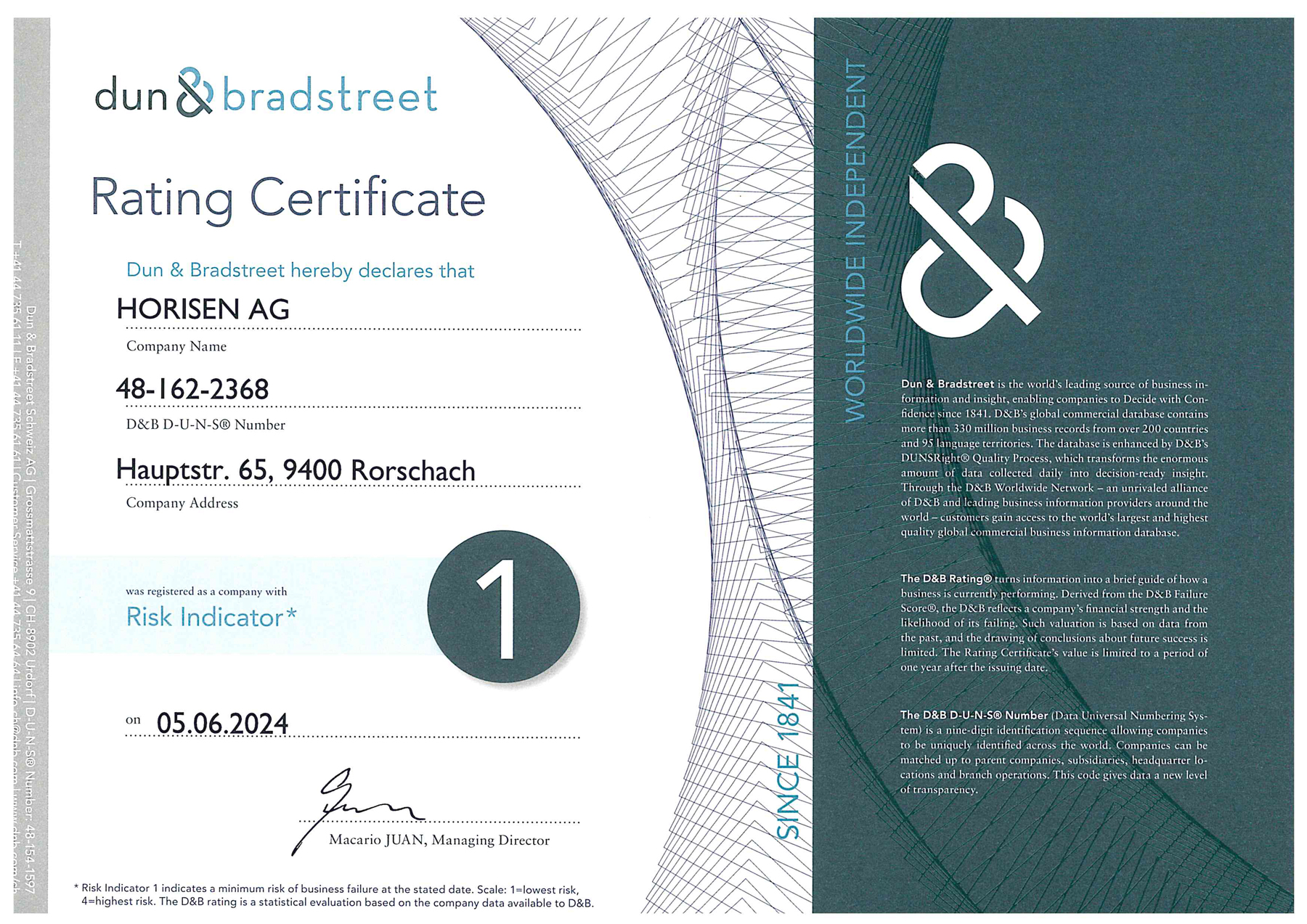 Rating Certificate from Dun & Bradstreet 2023
